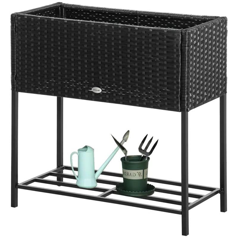 Black Modern PE Rattan Wicker Raised Garden Bed Elevated Planter Box