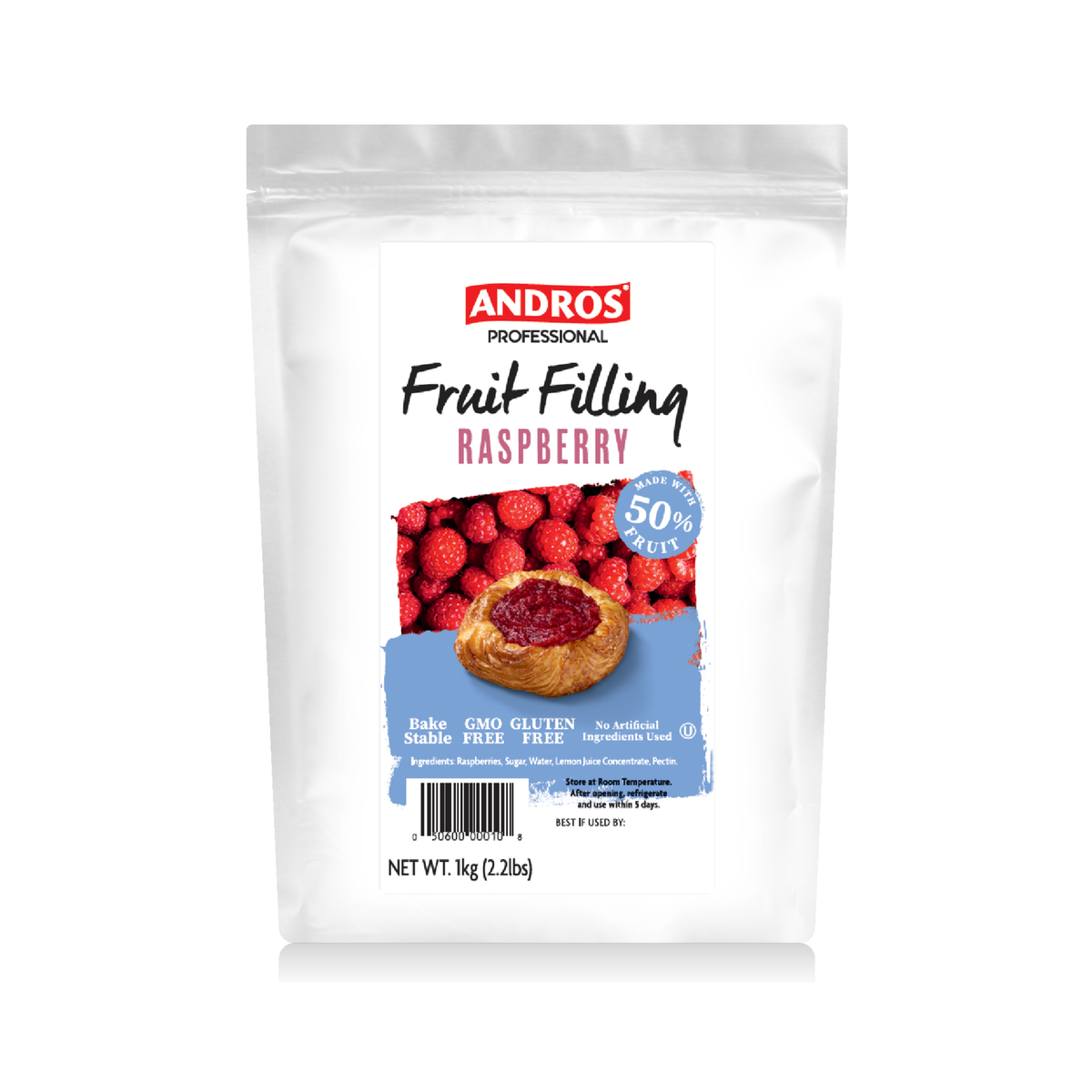Andros Professional Raspberry 50% Fruit Filling – 2.2 lb Pouch | Ready-to-Use Bake-Stable Pastry Filling