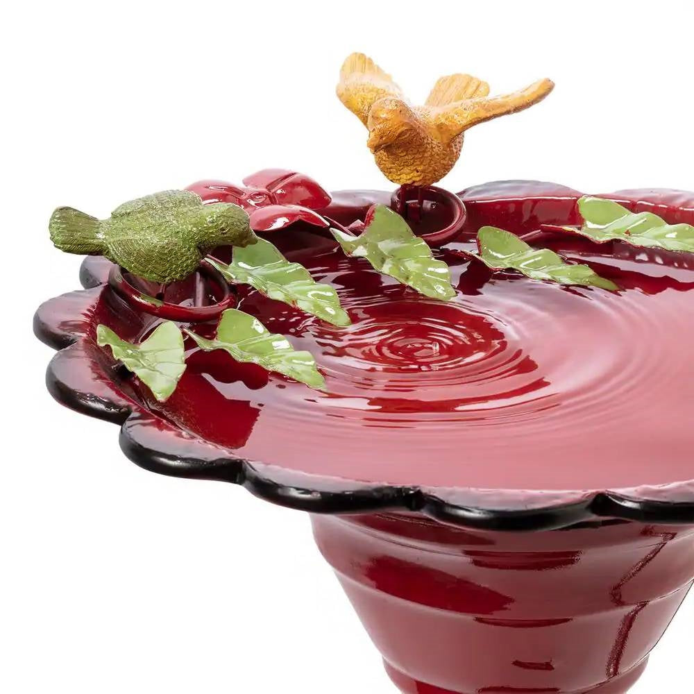 Red Metal Outdoor Garden Patio Birdbath with Decorative Bird Leaf Figurines