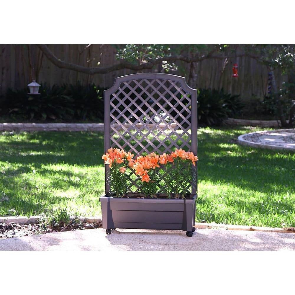 Outdoor Self-Watering Garden Planter with Trellis and Wheels in Grey Plastic