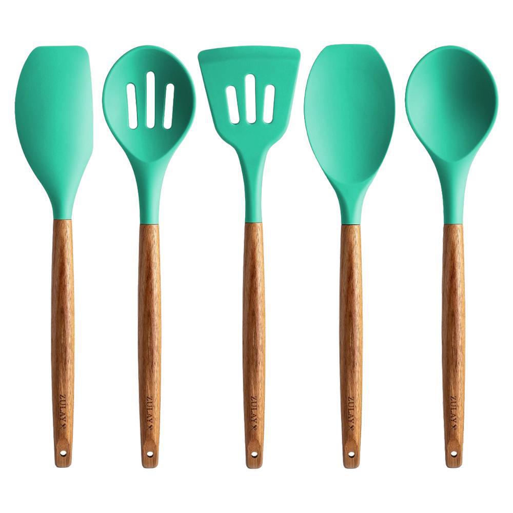 Zulay Kitchen - 'Aqua' Silicone Utensils Set w/ Wooden Handles (5CT)
